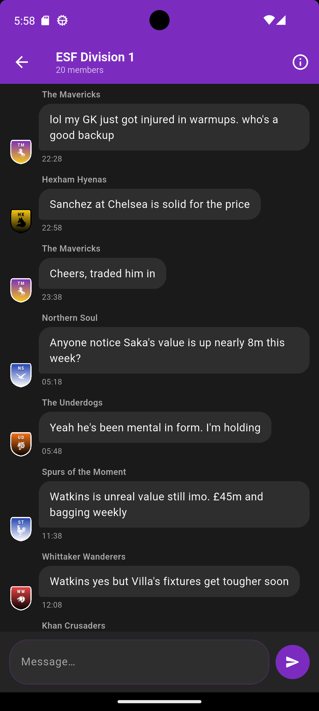 Dugout chat screen